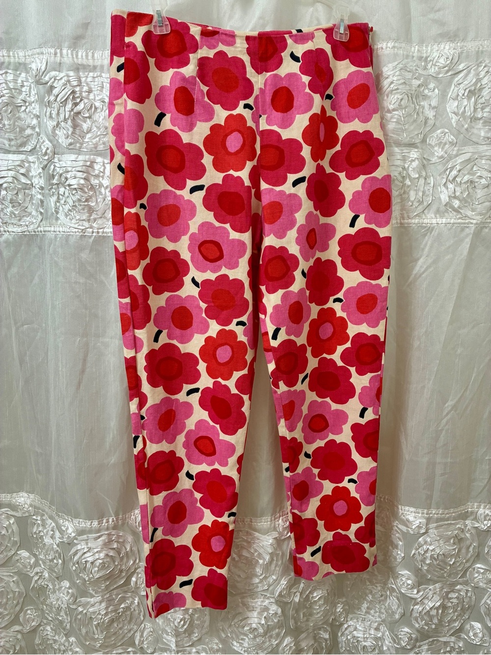 Vintage Steven Stolman vibrant Pink red poppies flowers cropped ankle pant sz 6